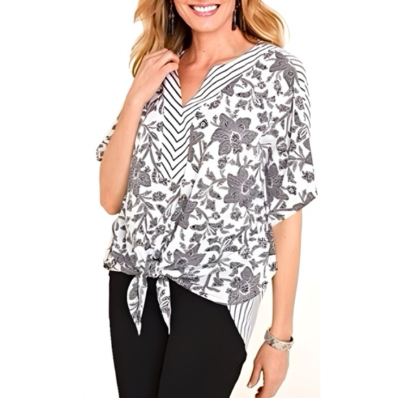 Chicos Top Size Large Floral Striped Mix Print Tie Front Flutter Sleeve 2 12/14 - Picture 1 of 12